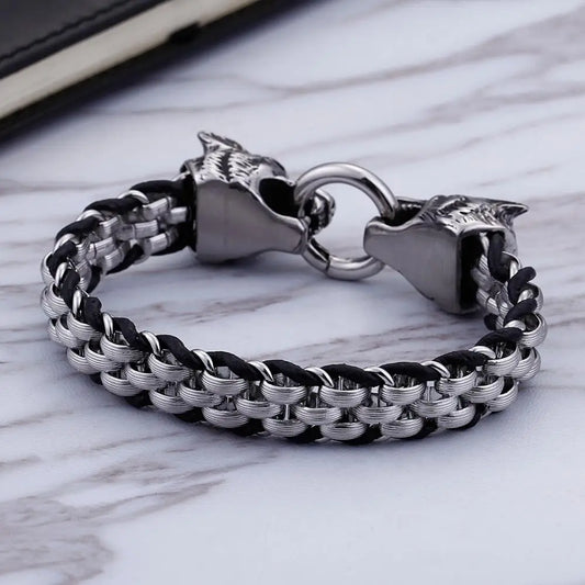 FZ Double Wolf Charm Stainless Steel Cowhide Leather Bracelet - FZwear