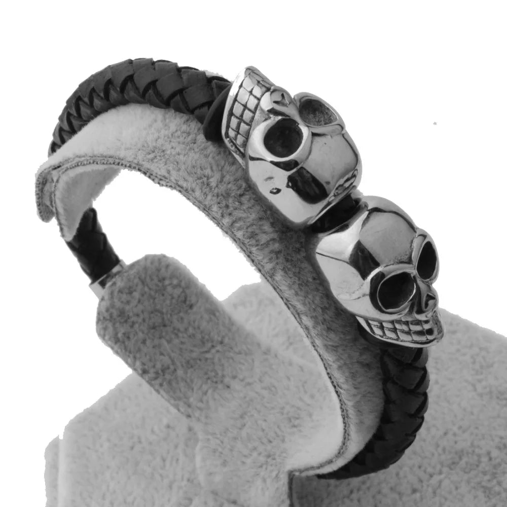 FZ Stainless Steel Skeleton Skull Braided Leather Bracelet - FZwear