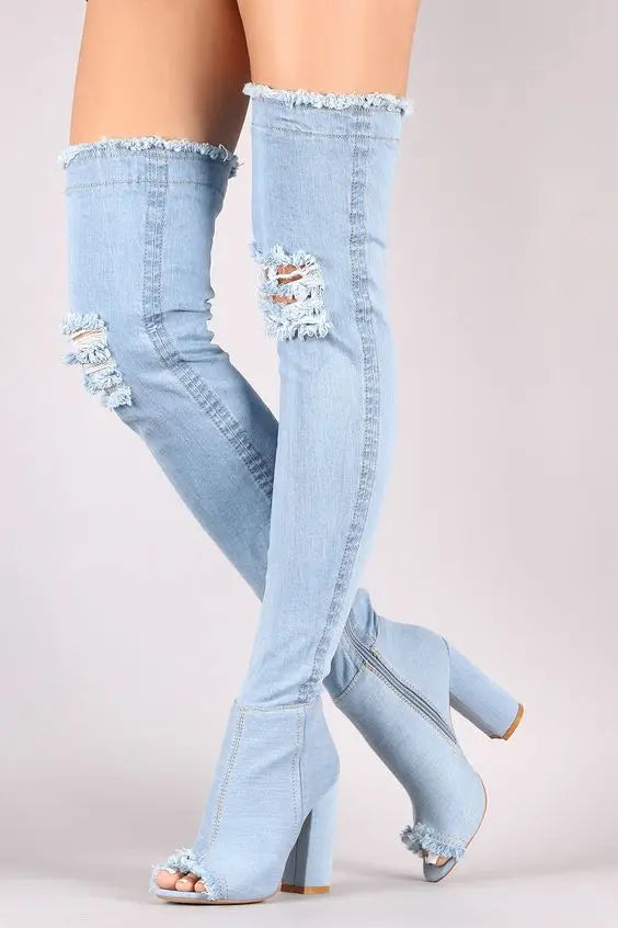 FZ Women's Chunky Heels Peep Toe Over The Knee Thigh High Denim Boots