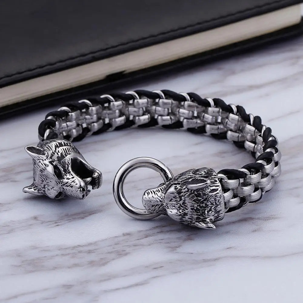 FZ Double Wolf Charm Stainless Steel Cowhide Leather Bracelet