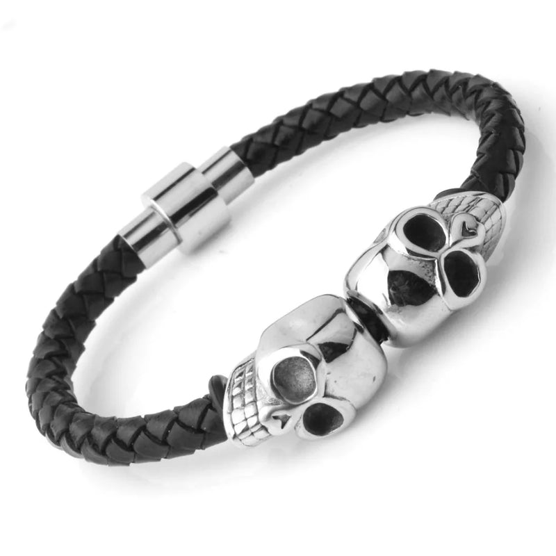 FZ Stainless Steel Skeleton Skull Braided Leather Bracelet - FZwear