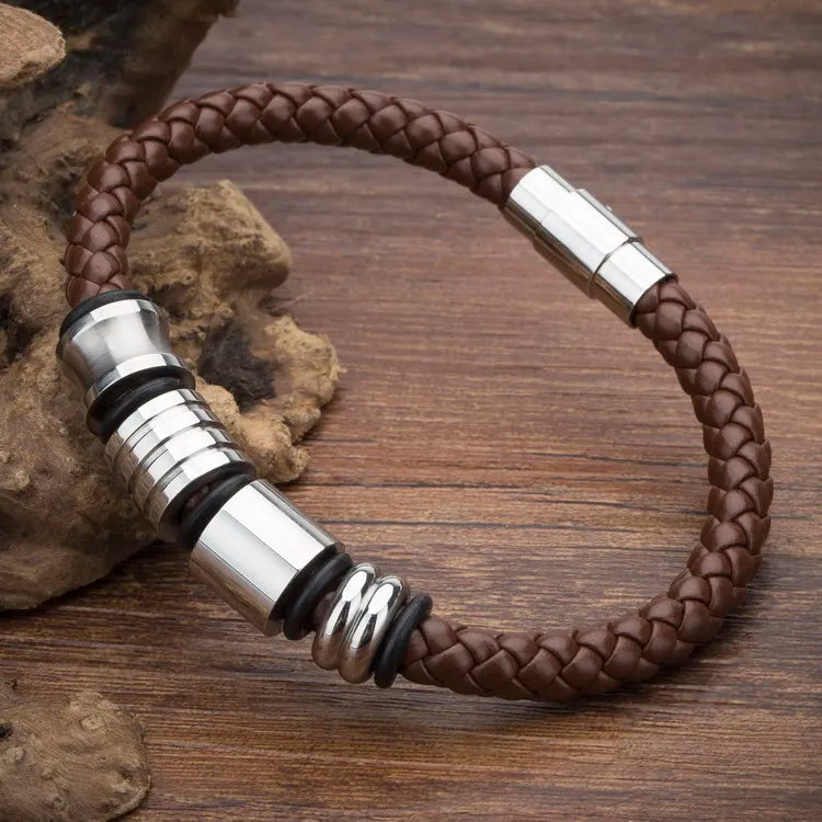 FZ Unisex Stainless Steel Vintage Charm Leather Bracelet - FZwear