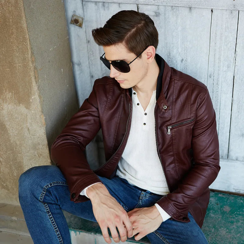 FZ Men's Pure Color Coat Thin PU Leather Jacket - FZwear