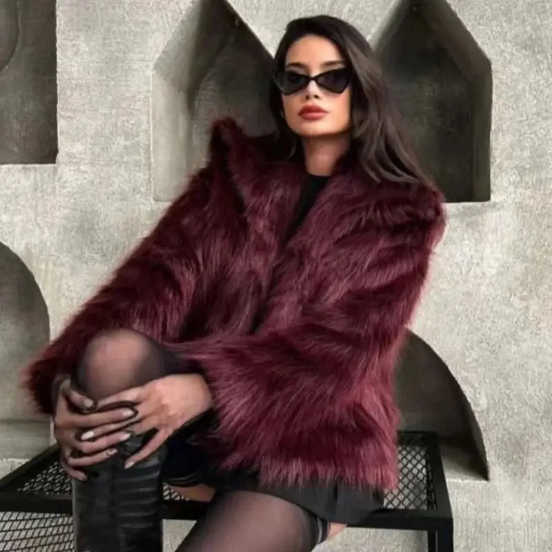 HXAO Women's Fur Coat Women 2024 Plush Burgundy Bomber Jacket Solid Crop Long Sleeve Jacket Warm Winter Coats Woman Casual Coats FZwear