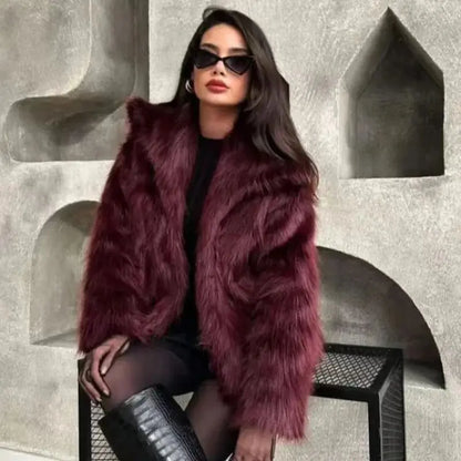 HXAO Women's Fur Coat Women 2024 Plush Burgundy Bomber Jacket Solid Crop Long Sleeve Jacket Warm Winter Coats Woman Casual Coats FZwear