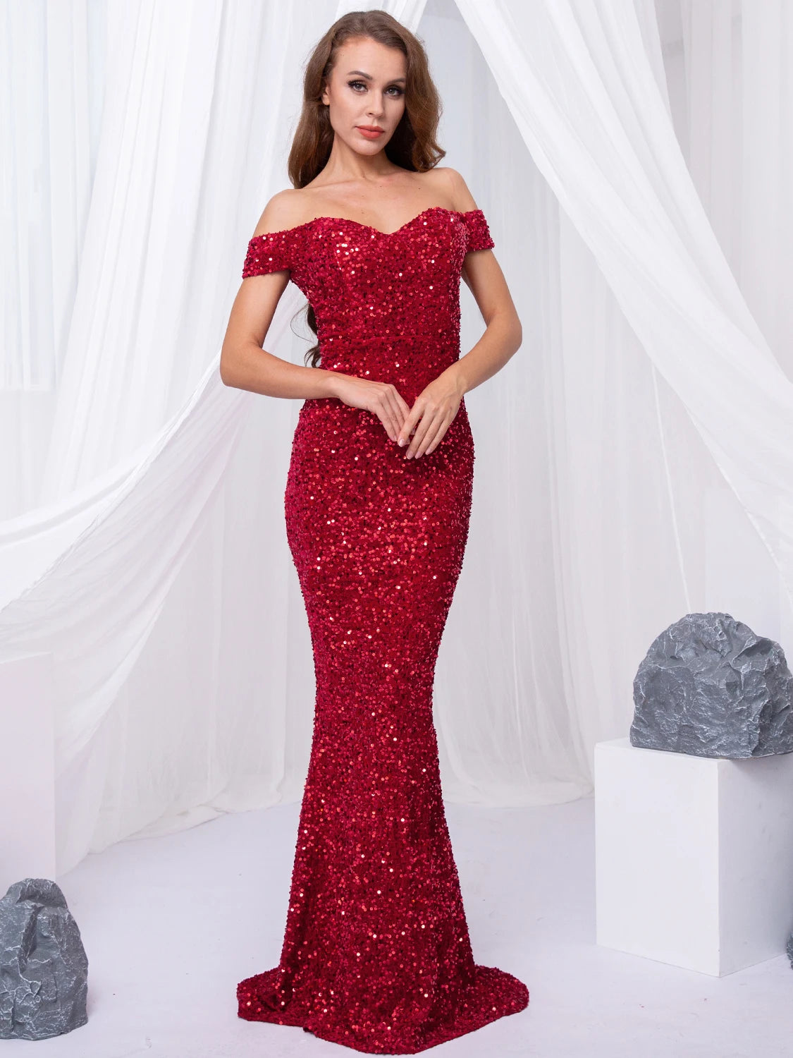 FZ Women's Slash Neck Sequined Off the Shoulder Stretch Floor Length Evening Dress - FZwear