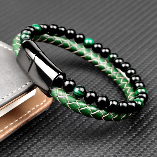 FZ Green Stone Beads Multilayer Leather Stainless Steel Bracelet