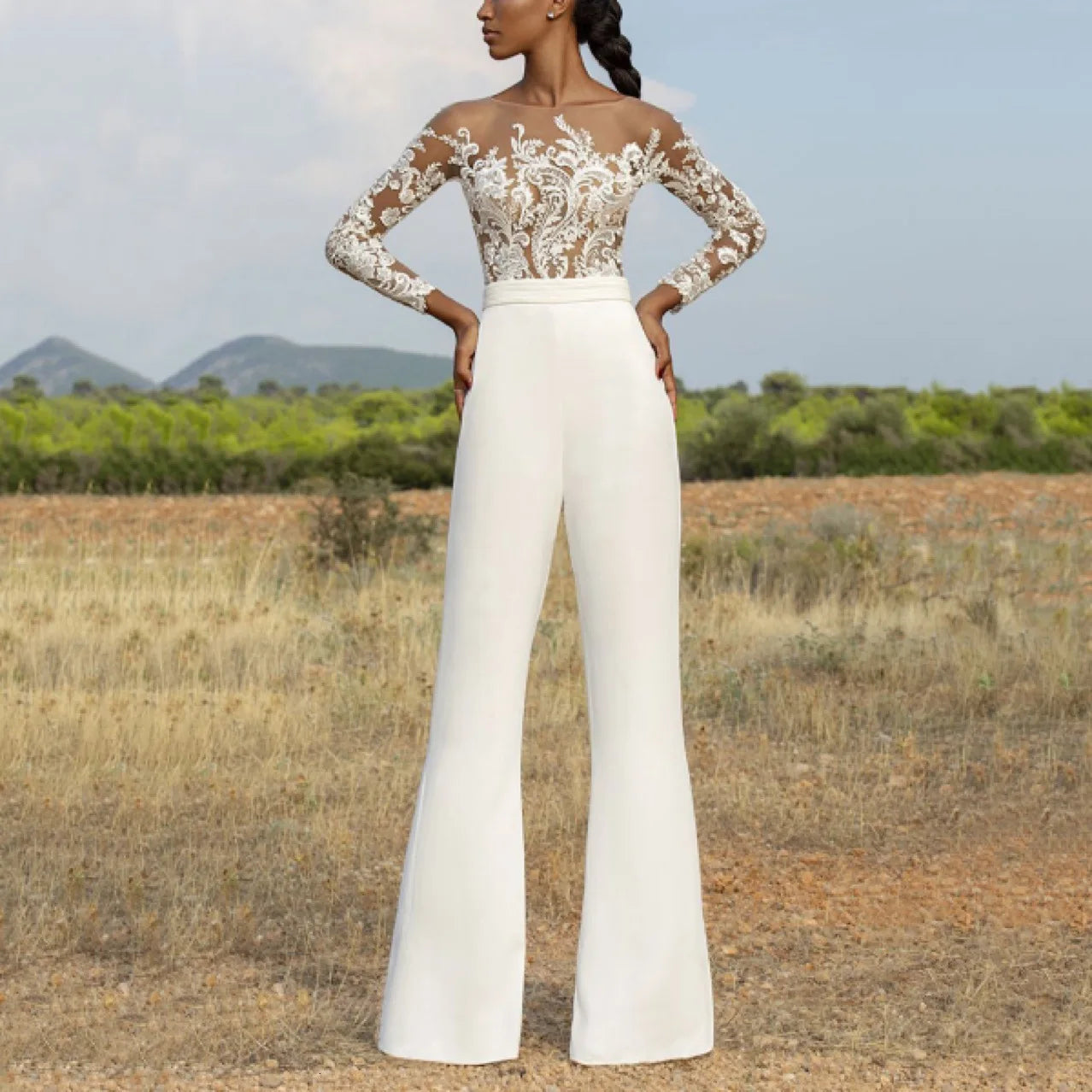 FZ Women's Fashion Elegant Embroidered Mesh Flare Pants Suit - FZwear