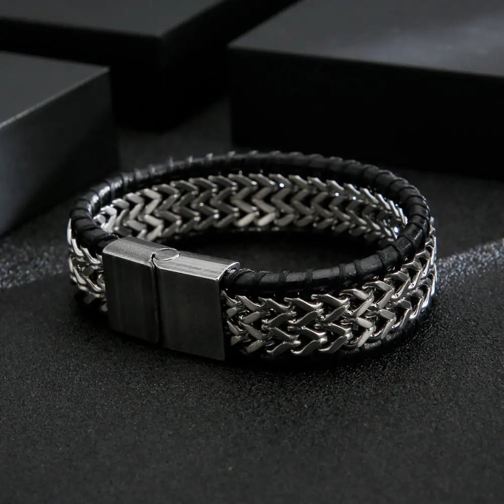 FZ Mesh Wide Stainless Steel Cowhide Leather Bracelet - FZwear
