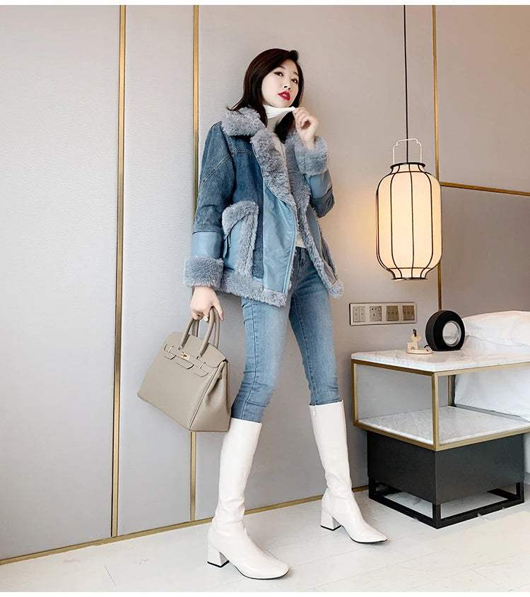 FZ Women's Faux Lamb Wool Denim Loose Plus Velvet Thick Cotton Jacket - FZwear