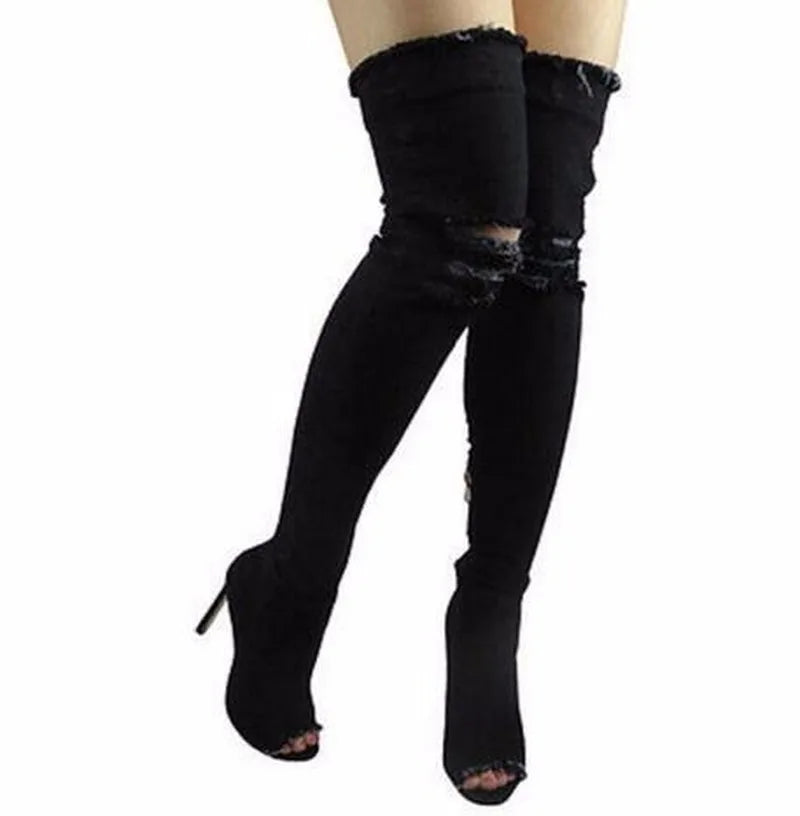 FZ Women's Thigh High High Heels Tassel Denim  Boots - FZwear