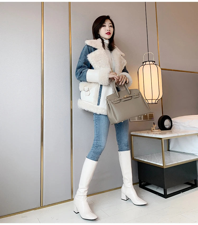 FZ Women's Faux Lamb Wool Denim Loose Plus Velvet Thick Cotton Jacket - FZwear