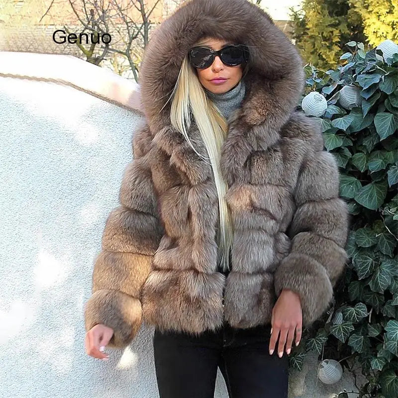 FZ Women's Faux Sheep Fur Fox Long Sleeve Hooded Jacket - FZwear