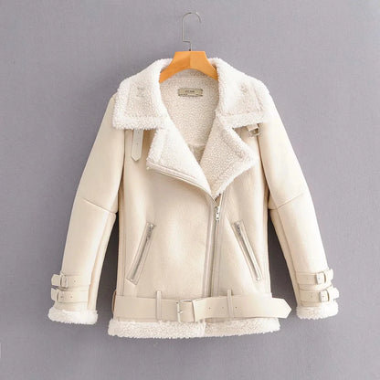FZ Women's Lapel Pu Leather Lamb Fur Jacket