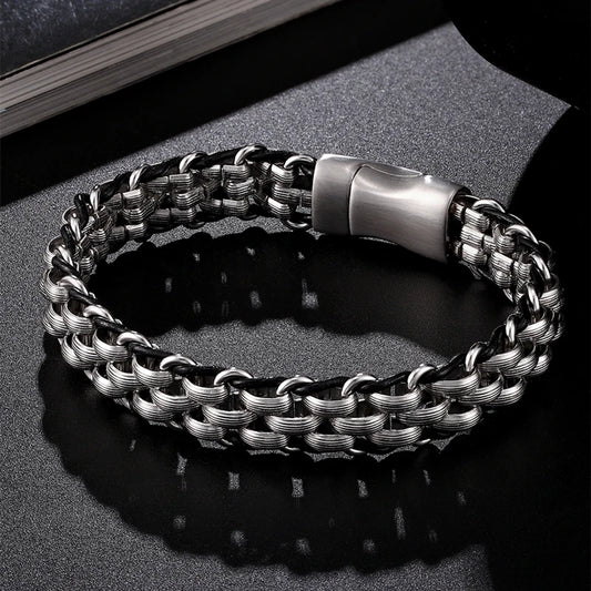 FZ Stainless Steel Chain Leather Punk Biker Bracelet