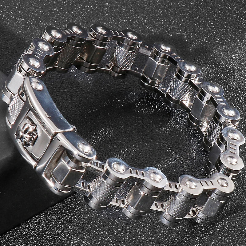 FZ Men's Skull 16MM Wide Stainless Bicycle Link Bracelet
