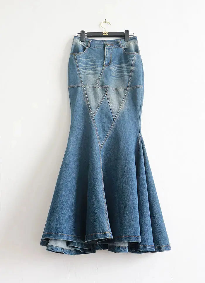 Heavy Industry Curved Beautiful Stitching Fishtail Large Swing Mop Denim Fishtail Skirt Women Slim-Fit Sheath Denim Long Skirts FZwear