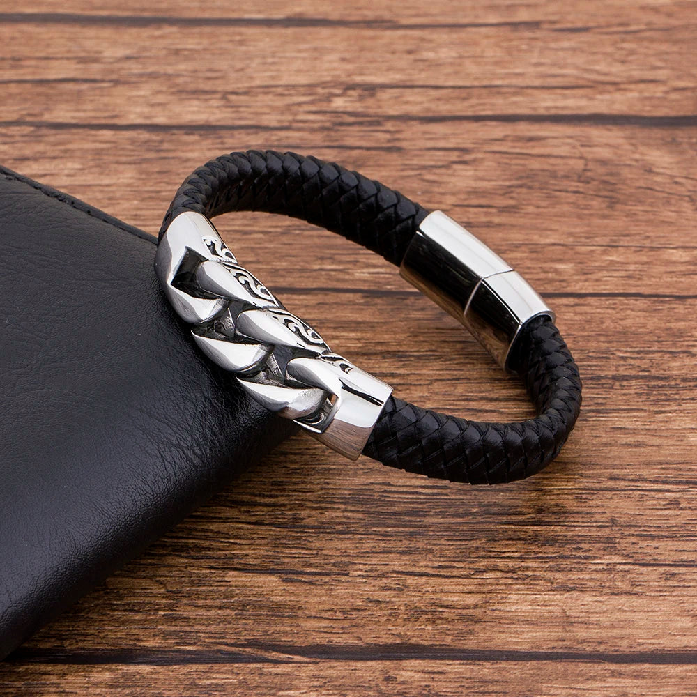 FZ Men's Leather  Black Stainless Steel Magnetic Bracelet