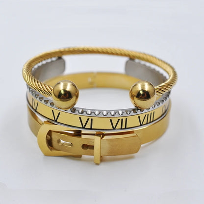 FZ 3 pcs/Set Royal Roman Numeral Belt Buckle Stainless Steel Bracelet - FZwear
