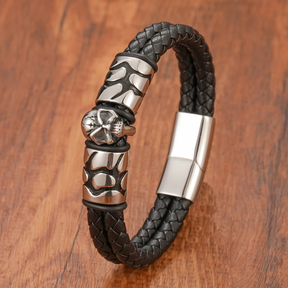 FZ Skull Double Woven Stainless Steel Magnetic Clasp Genuine Leather Bracelet