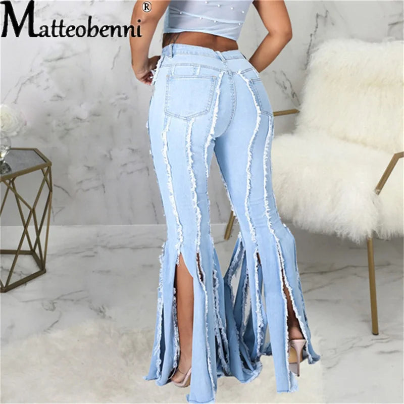 FZ Women's Flare High Waist Fringe Hole Skinny Wide Leg Bell Bottoms Denim Pants - FZwear