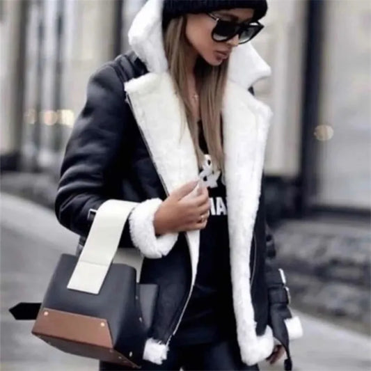 FZ Women's Lapel Pu Leather Lamb Fur Jacket - FZwear