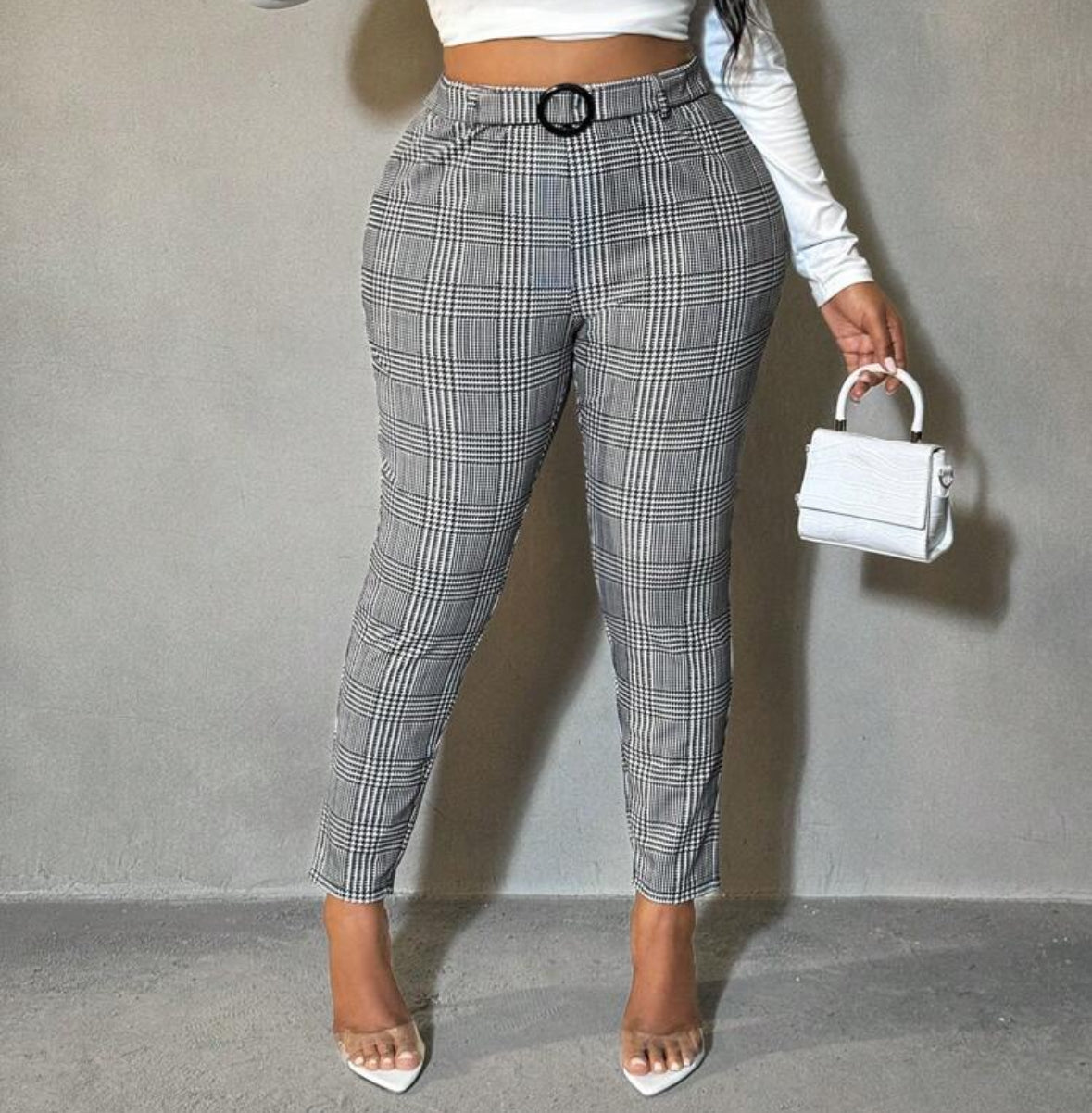 FZ Women's Plus Size Plaid Print Slim Fit Suit Pants