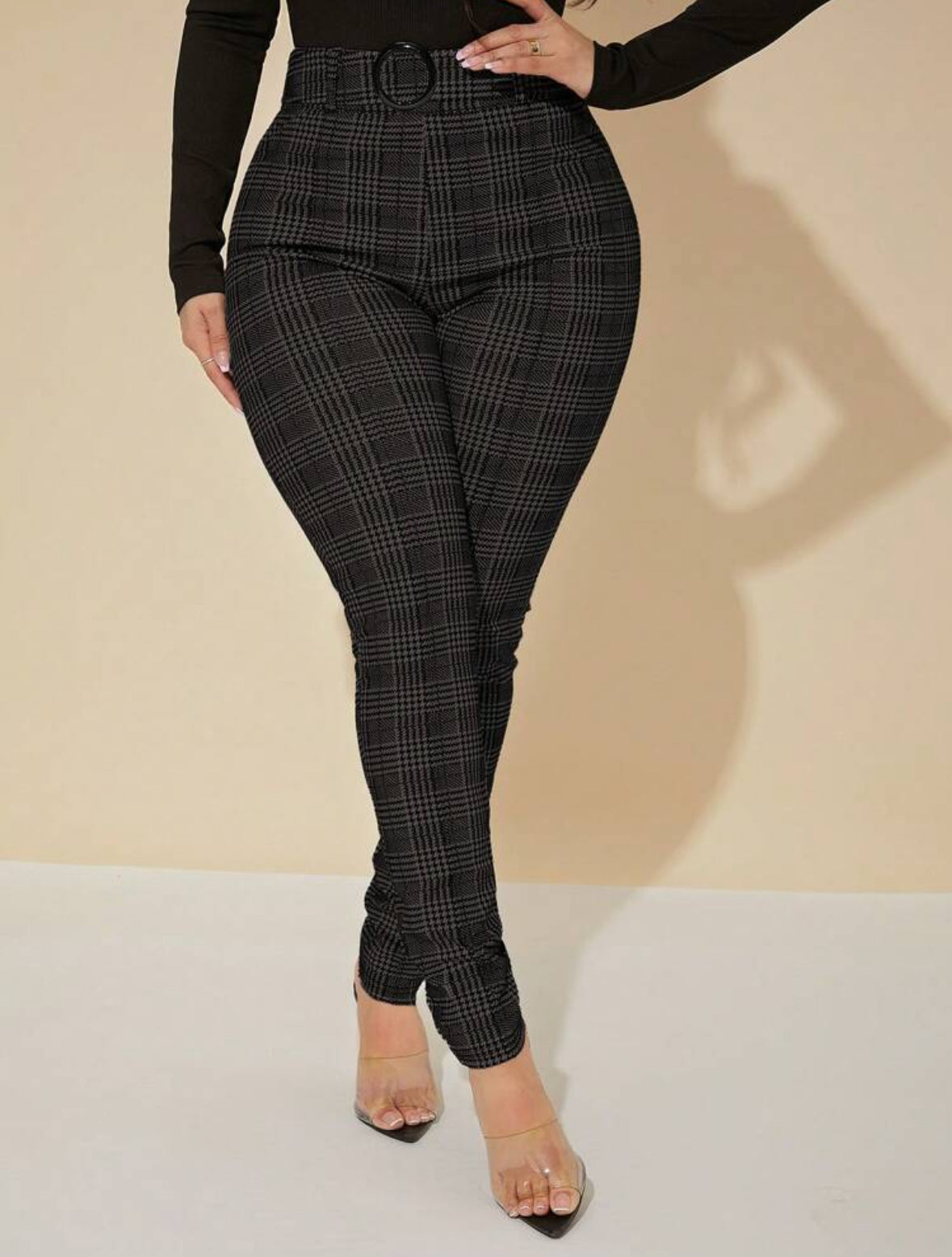 FZ Women's Plus Size Plaid Print Slim Fit Suit Pants