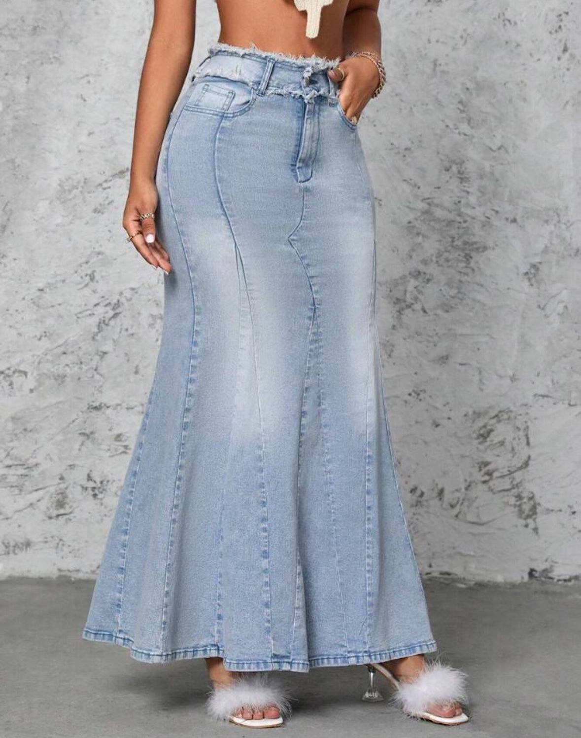 FZ Women's Frayed Hem Mermaid Denim Skirt