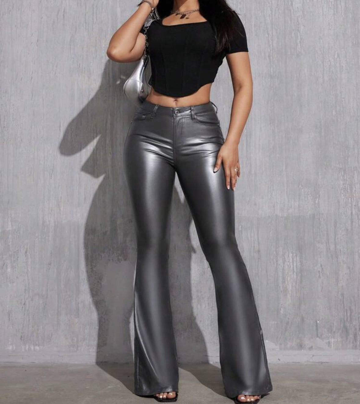 FZ Women's Fashionable Casual Solid Color Slim Fit PU Flared Pants