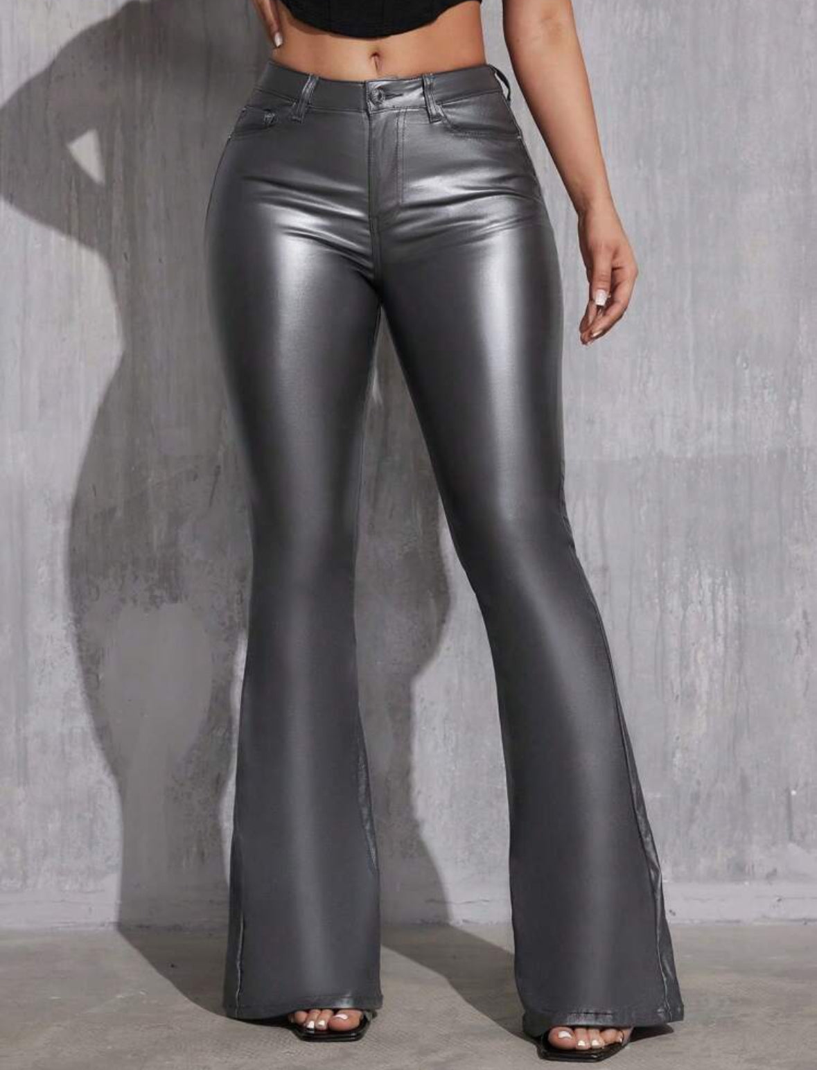 FZ Women's Fashionable Casual Solid Color Slim Fit PU Flared Pants