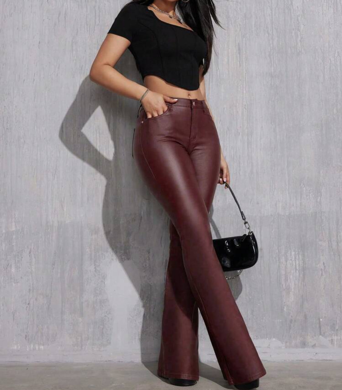 FZ Women's Fashionable Casual Solid Color Slim Fit PU Flared Pants