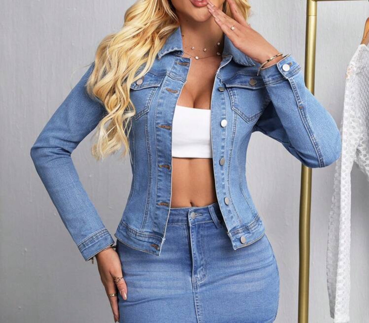 FZ Women's Solid Color Button Front Casual Long Sleeve Denim Jacket