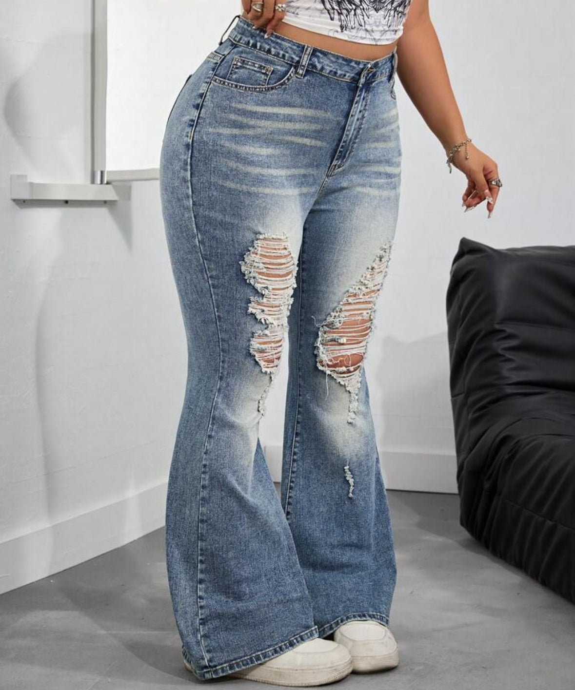 FZ Women's Plus Size Contrast Color Ripped Casual Flared Leg Denim Pants