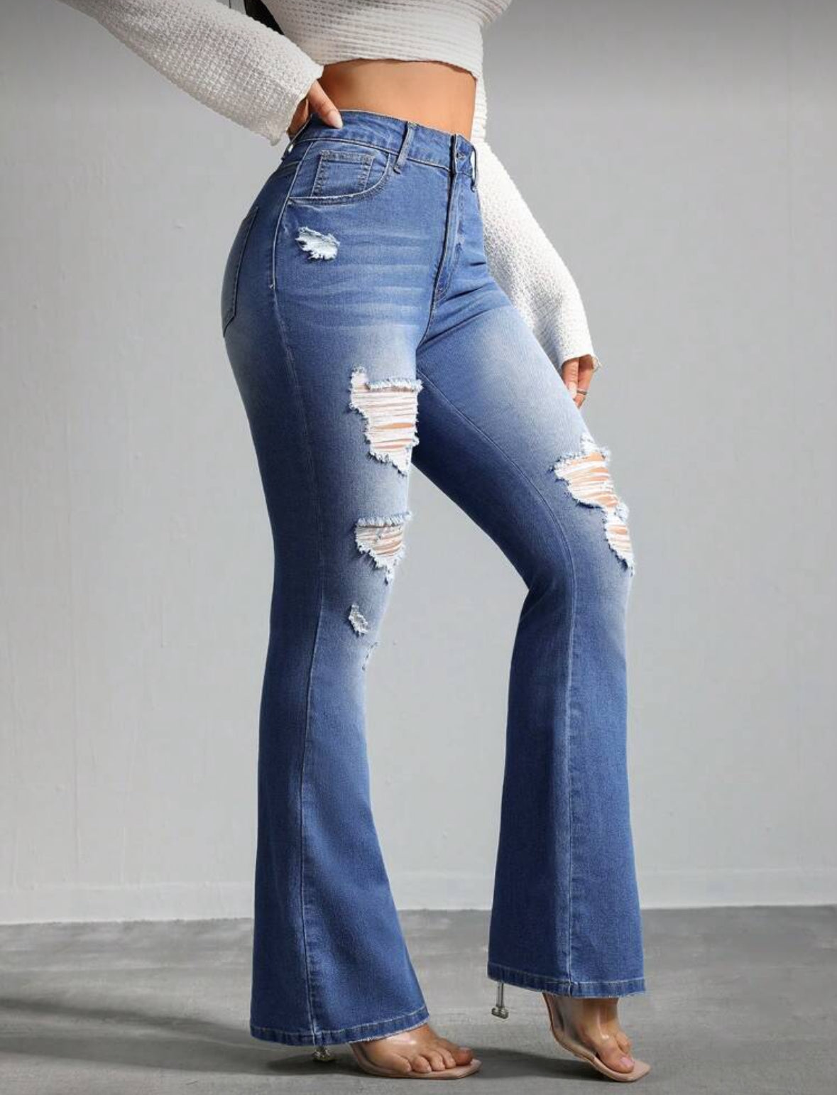 FZ Women's Skinny Elastic Ripped Flared High Waist Skinny Denim Pants