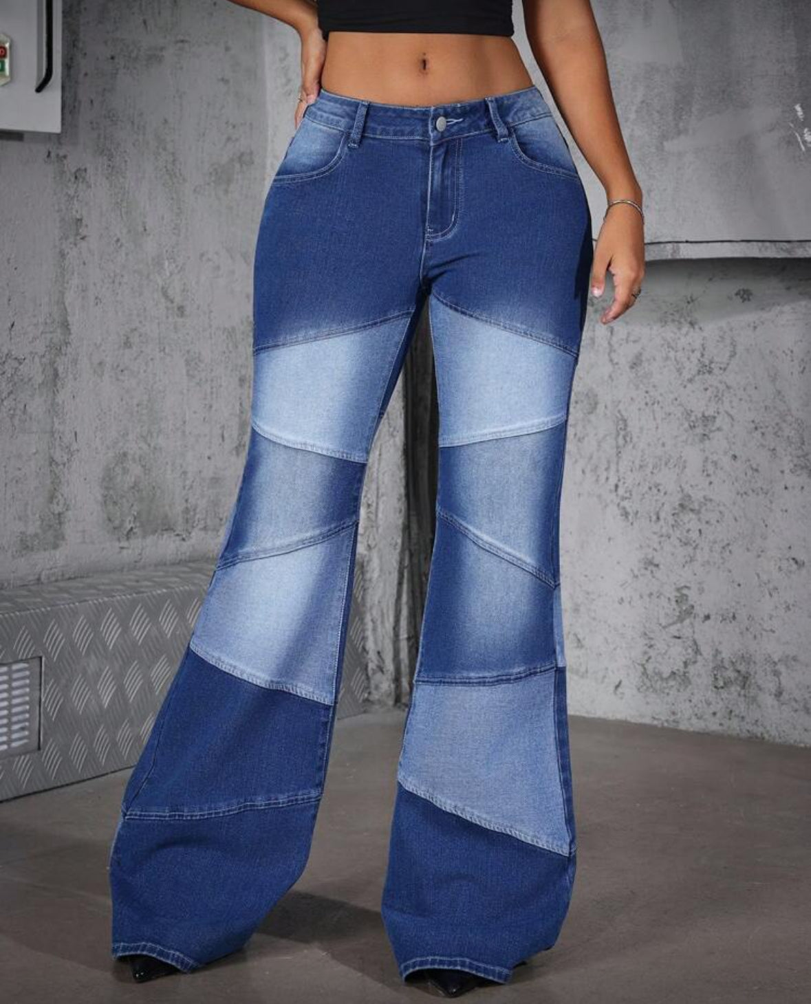 FZ Women's Color Block Low-Rise Fitted Flared Leg Denim Pants