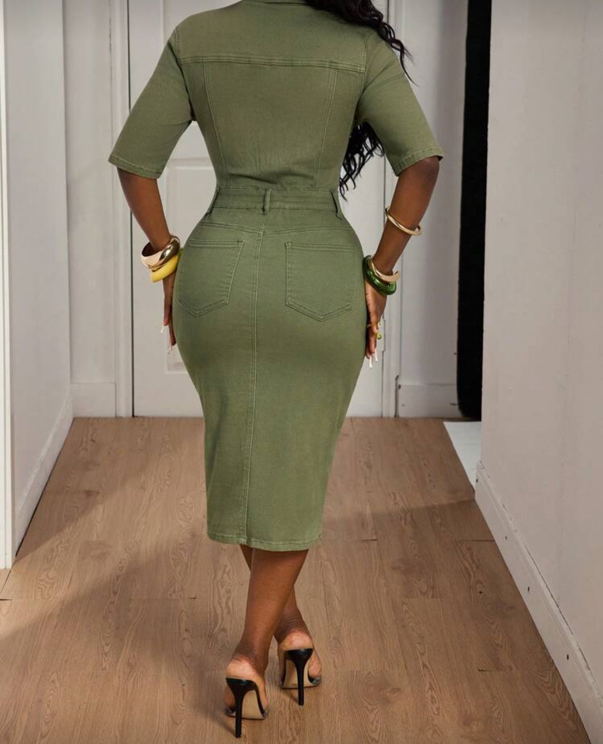 FZ Women Button Half-Placket Split Hem Fitted Casual Denim Dress