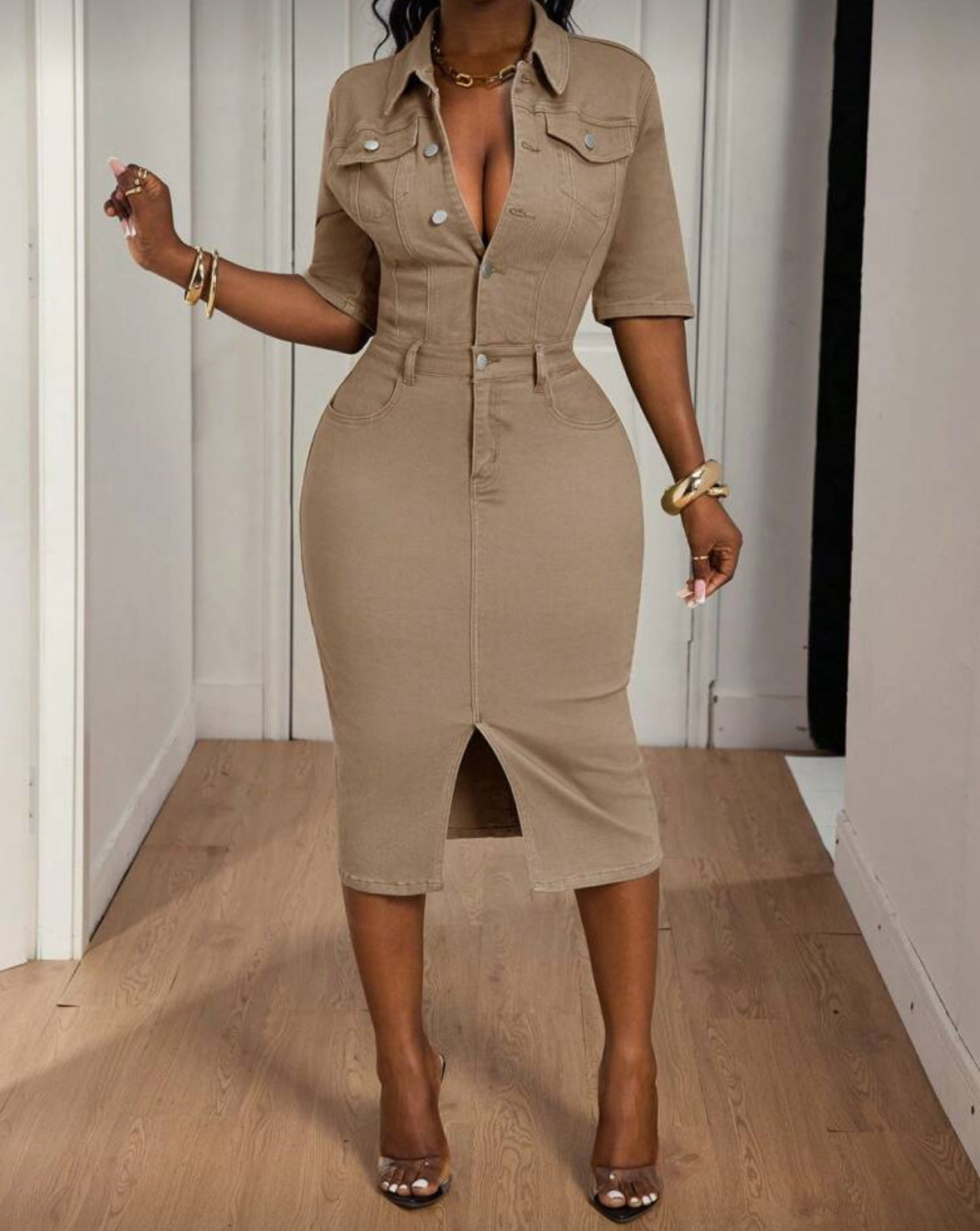 FZ Women Button Half-Placket Split Hem Fitted Casual Denim Dress