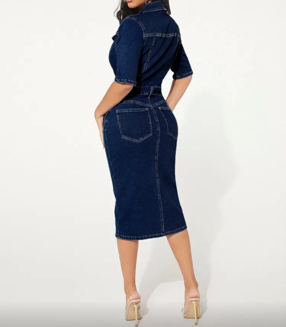 FZ Women Button Half-Placket Split Hem Fitted Casual Denim Dress
