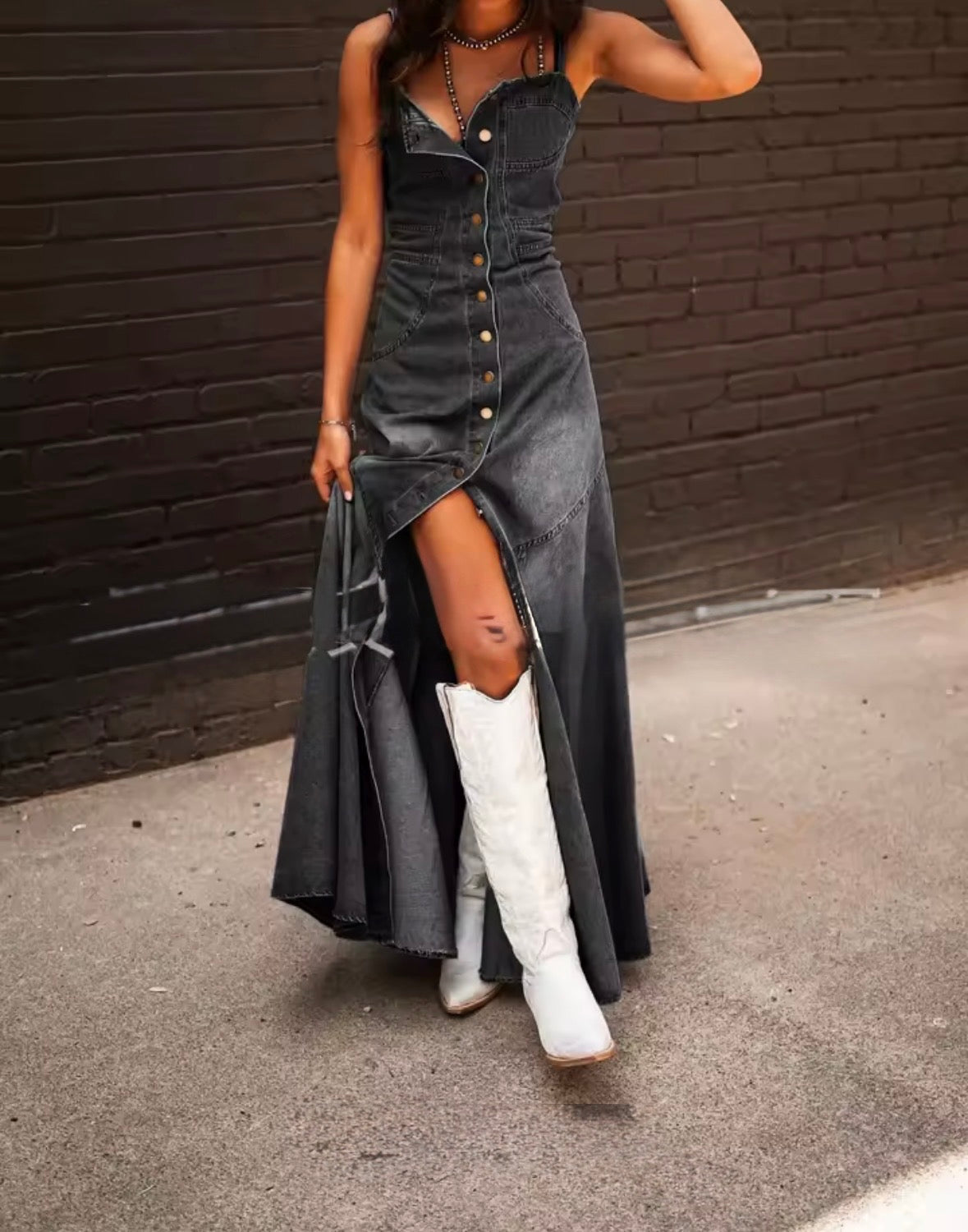 FZ Women's Retro Wash Halter Slim Single-breasted Big Swing Denim Dress