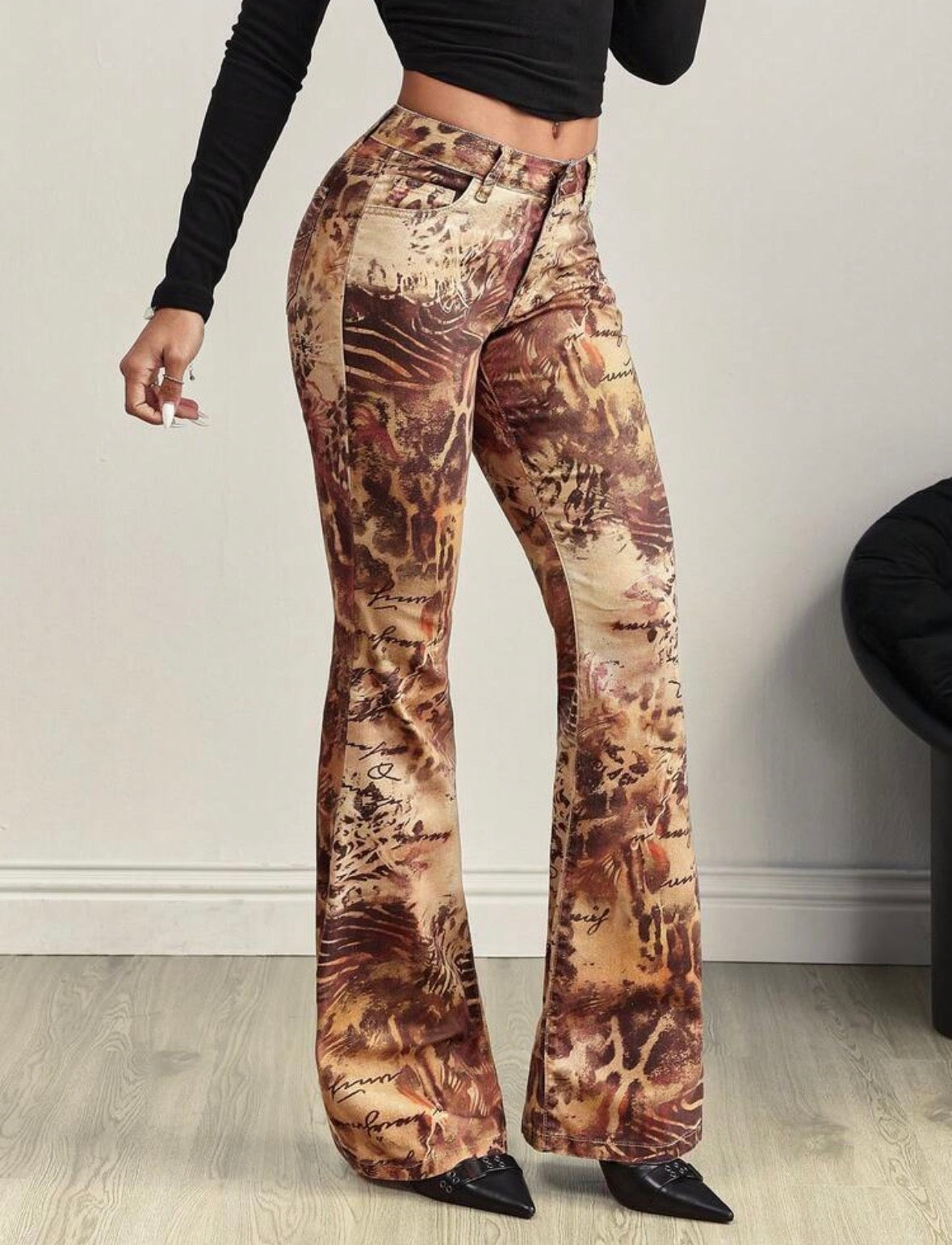 FZ Women's Printed Sexy Stretch Fitted Washed Flare Denim Pants