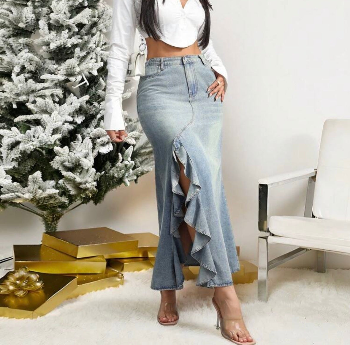 FZ Women's Ruffle Split Thigh Denim Skirt