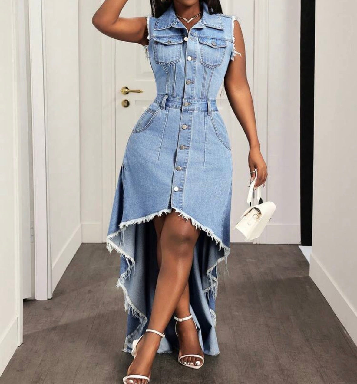 FZ Women's Plus Size Sleeveless Single-Breasted Frayed Hem Midi Denim Dress