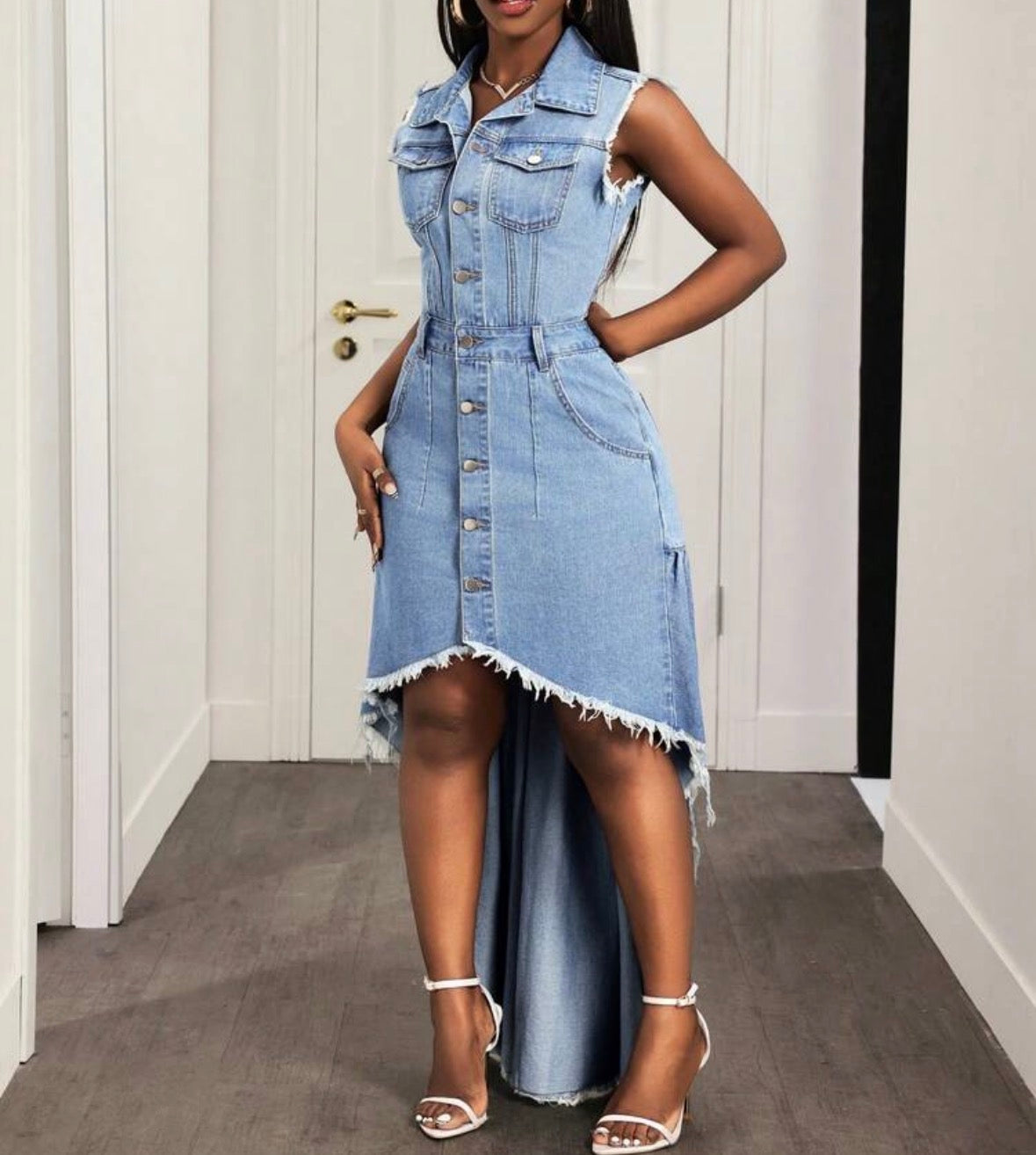 FZ Women's Plus Size Sleeveless Single-Breasted Frayed Hem Midi Denim Dress