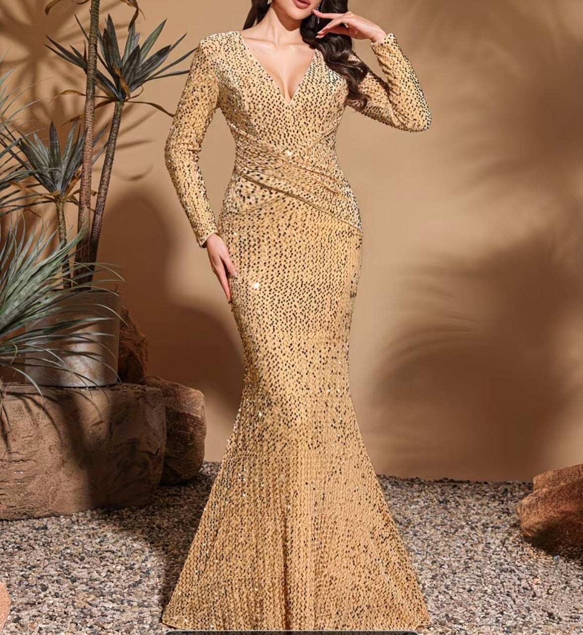 FZ Women's Long-sleeve V-neck Mermaid Evening Dress