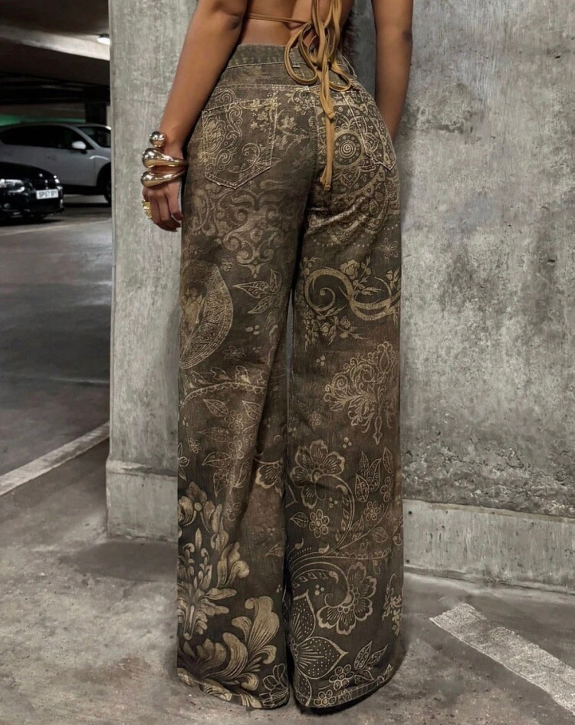 FZ Women's Mid-Rise Printed Washed Straight Leg Denim Pants