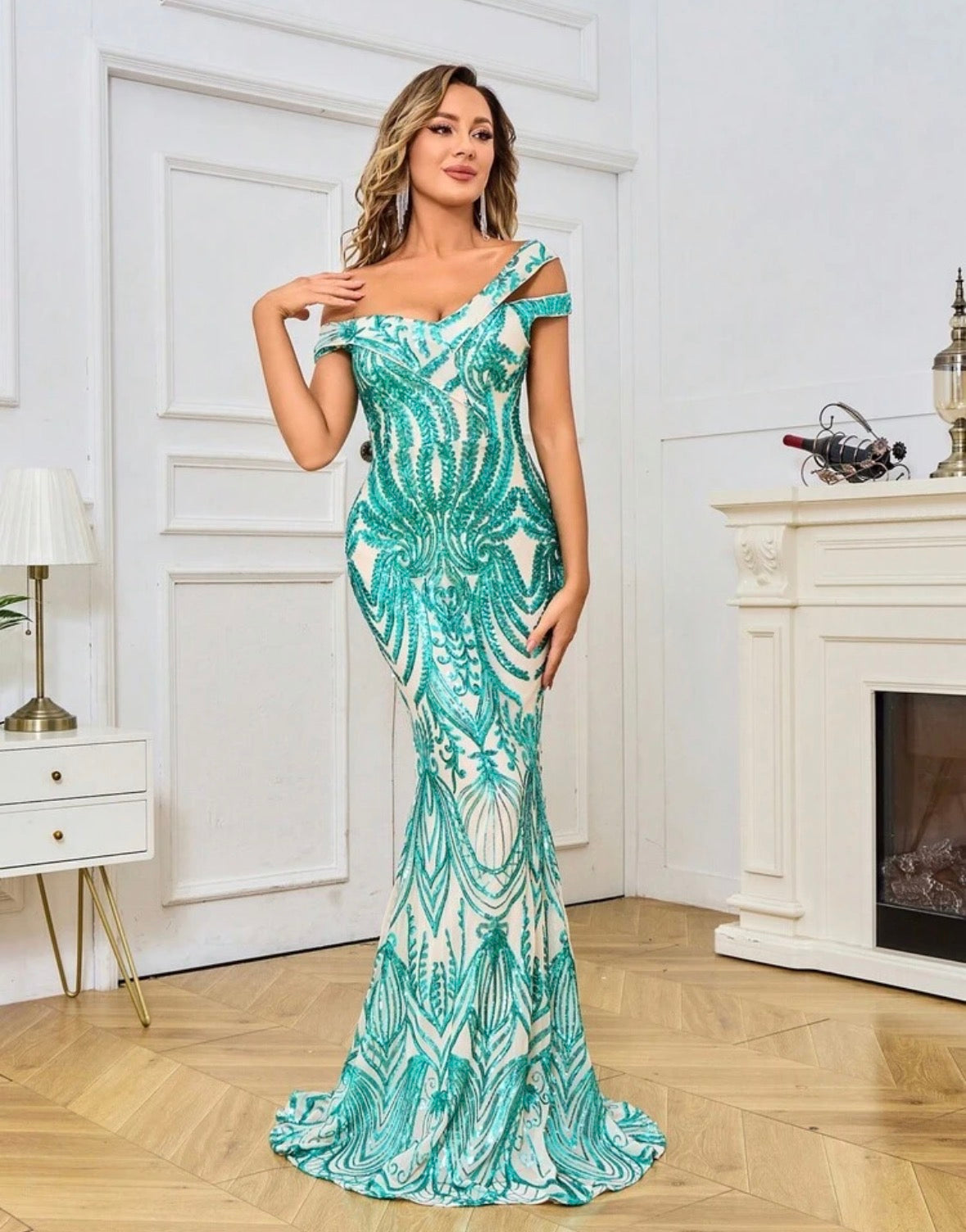 FZ Women's Changeable Collar Style Mermaid Sequin Evening Dress