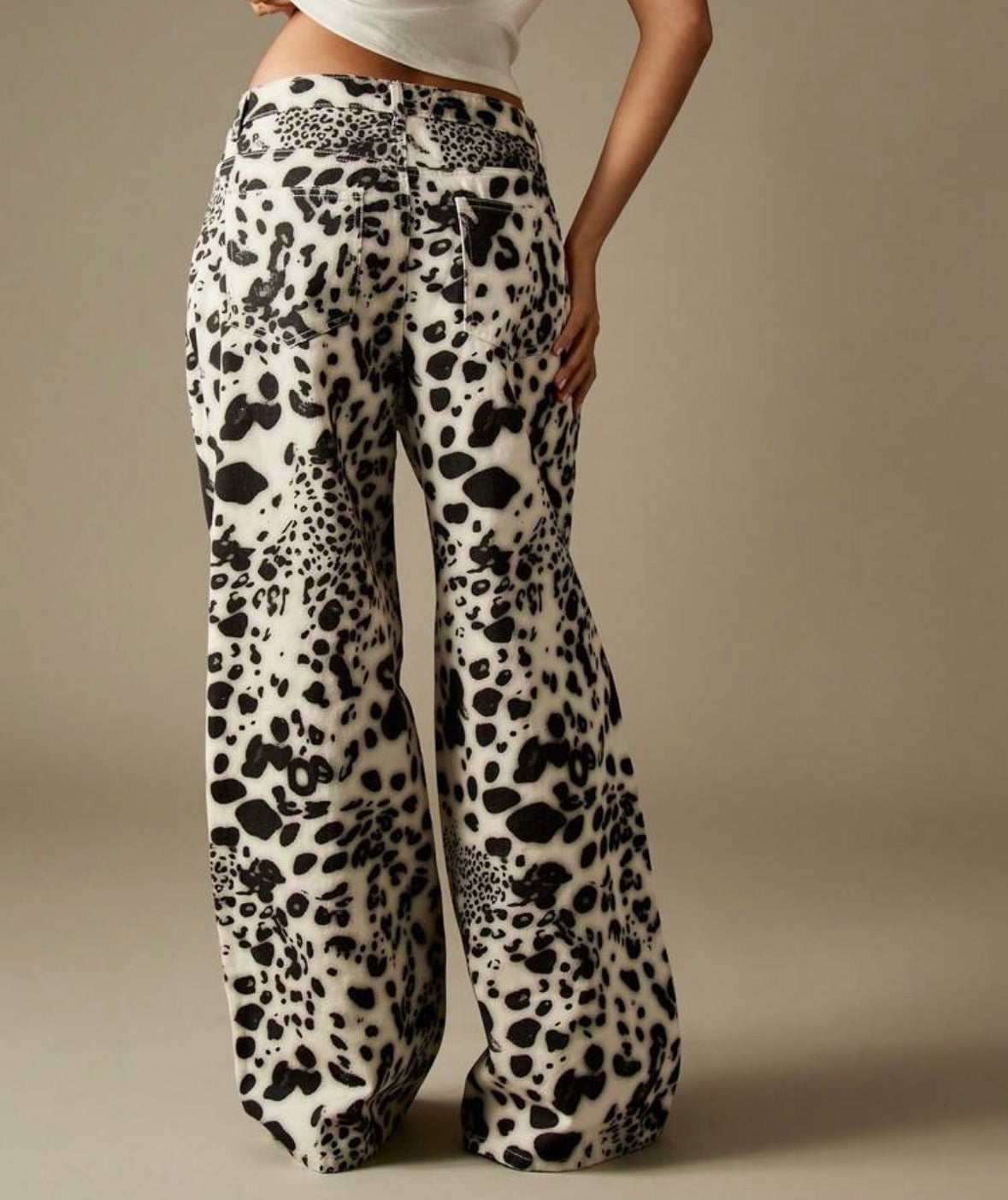 FZ Women's Mid Rise Leopard Print Wide Leg Denim Pants