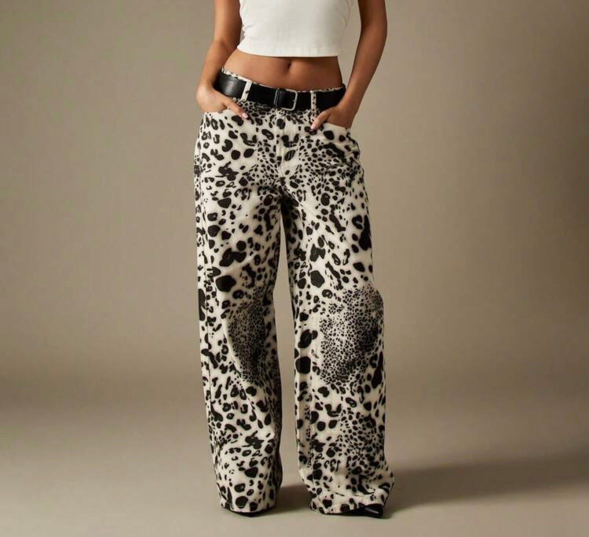 FZ Women's Mid Rise Leopard Print Wide Leg Denim Pants