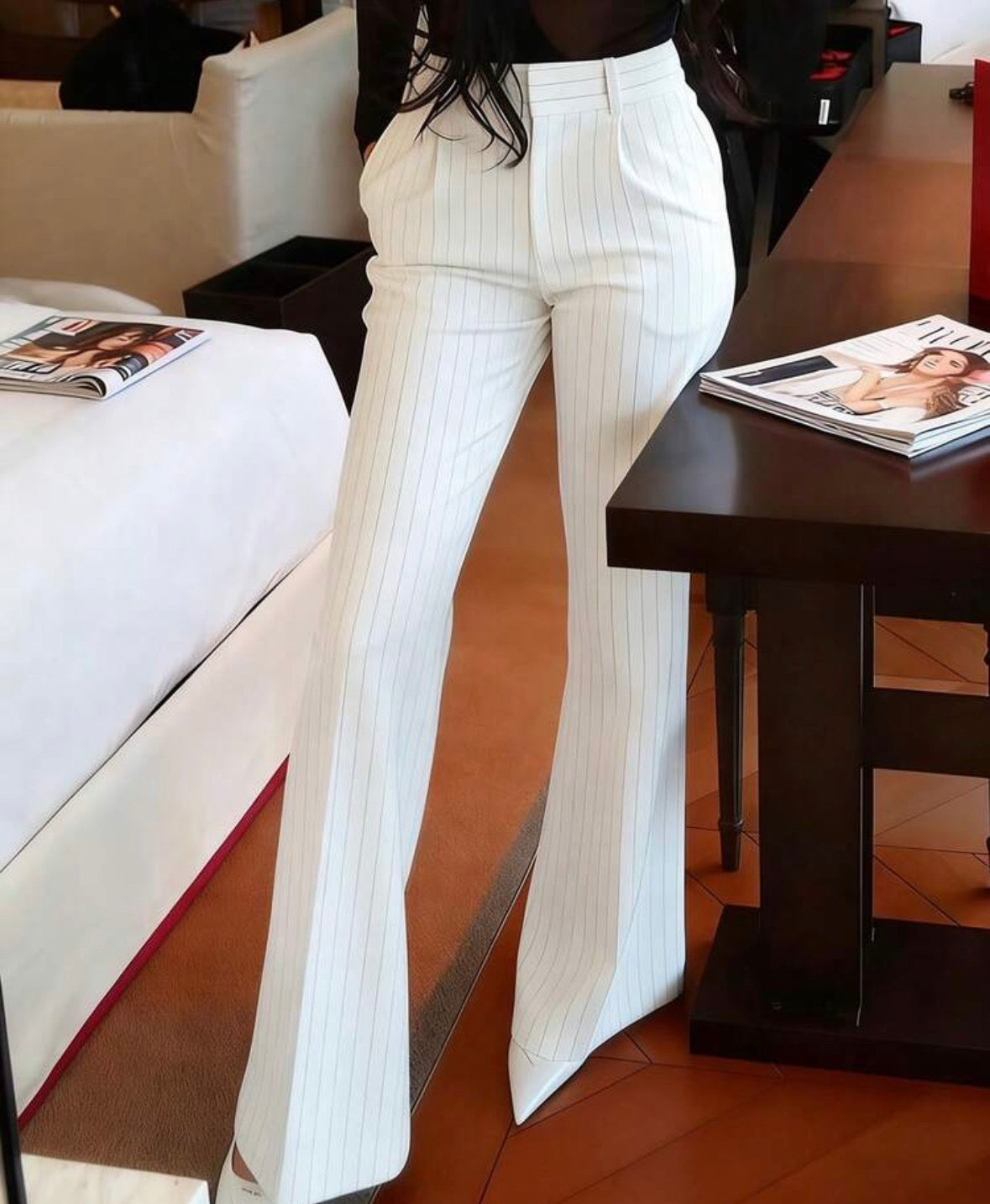FZ Women's Solid Color Flared Long Retro Casual Elegant Urban Dress Pants
